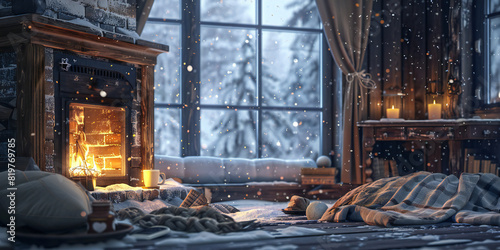  a crackling fireplace inside a cozy winter cabin, with snow falling outside the window and warm blankets and mugs of hot cocoa nearby, creating a snug and inviting ambiance.