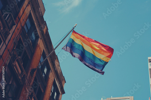 horizontal image of a rainbow flag hanging from a building and flowing in a clear blue sky in a gay pride celebration context