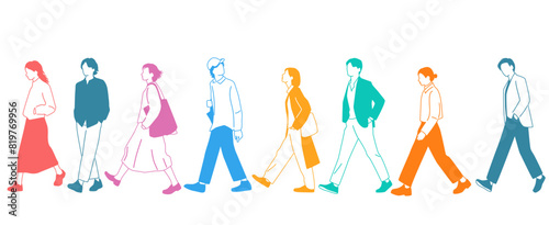 Group men,  women and teenagers walk, different colors, cartoon character, silhouettes walking  people, profile, design concept of flat icon, hand draw vector illustration,isolated on white
