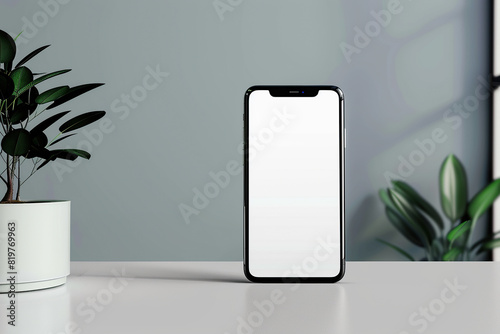 horizontal image of a blank screen smartphone on a white desk, mockup space