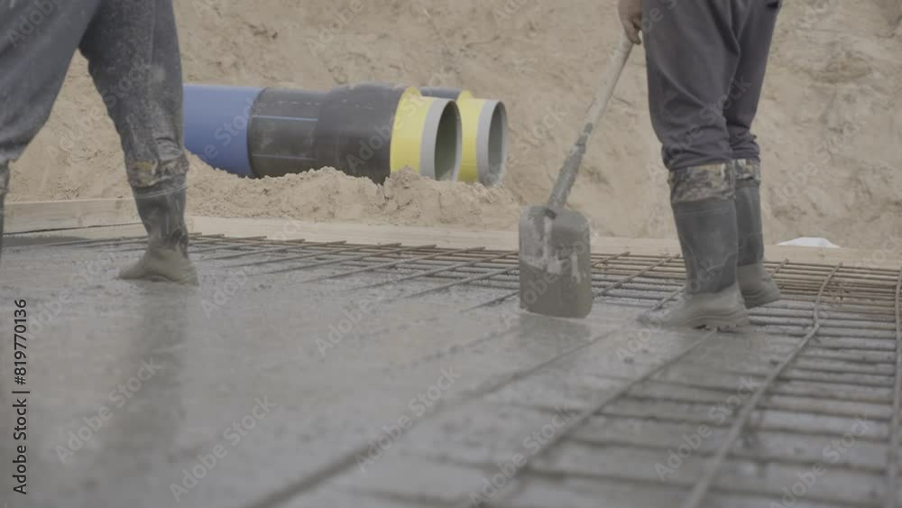 Male workers level mortar in formwork at construction site. Men with shovels pour concrete mortar onto network of rebar slow motion Male workers level mortar in formwork at construction site. Men with shovels pour concrete mortar onto network of rebar slow motion