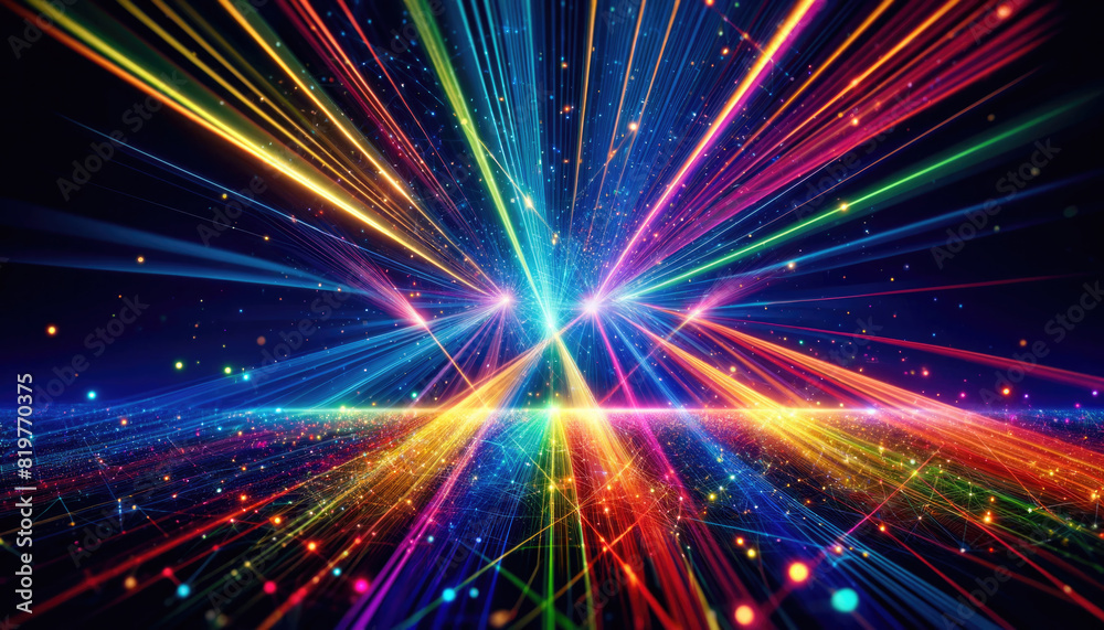 A dynamic display of laser lights sweeping through the air in rainbow colors.