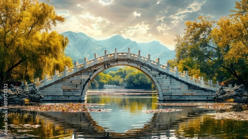 Graceful Stone Arch Bridge Over Calm Lake In Tranquil Park With Autumn Trees And Distant Mountains