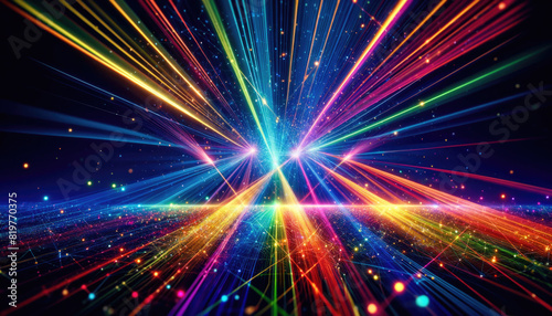 A dynamic display of laser lights sweeping through the air in rainbow colors.