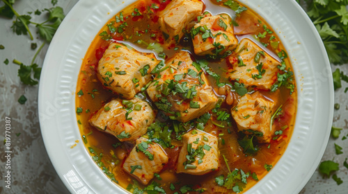 Vibrant east african cuisine: authentic tanzanian fish curry in a white bowl, topped with fresh herbs photo