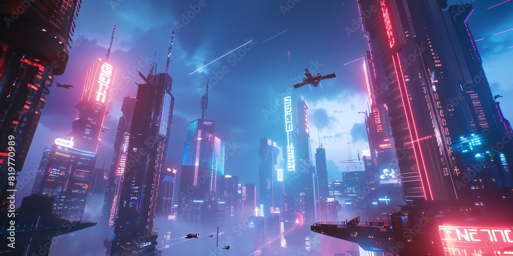 a futuristic cityscape as a background for gaming, with towering skyscrapers, flying vehicles, and neon lights illuminating the skyline,