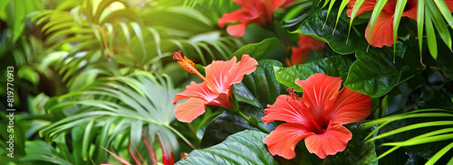 Lush Greenery and Red Hibiscus in Tropical Garden  Tropical Oasis with Red Hibiscus Flowers