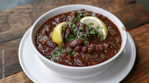 Authentic tanzanian kidney bean stew served in a white bowl, garnished with fresh lemon slices and chopped parsley, on a wooden table