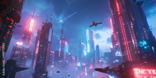 a futuristic cityscape as a background for gaming, with towering skyscrapers, flying vehicles, and neon lights illuminating the skyline, © Yasir