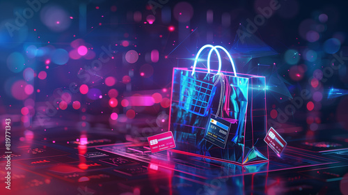 A digital image of a shopping bag with a QR code on it. The image is in a futuristic setting with neon lights and a sense of technology