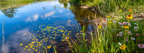Peaceful Riverbank with Summer Wildflowers  Wildflowers Blooming by a Clear Blue River