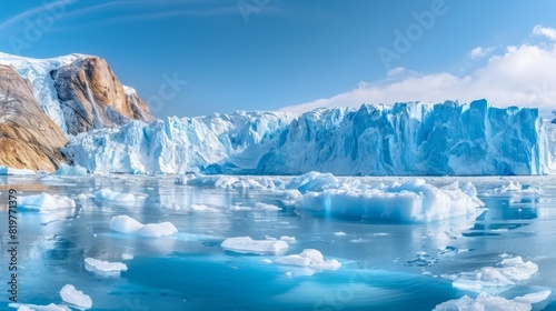Icebergs Floating In The Sea With A Glacier In The Background.