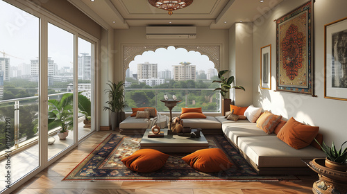 A lavish apartment home adorned with contemporary designs and traditional Indian influences. Ai Generated