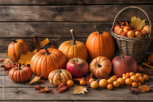 Thanksgiving background  Apples  pumpkins  fallen leaves on wood. Room for text. Halloween  Thanksgiving  or seasonal backdrop.