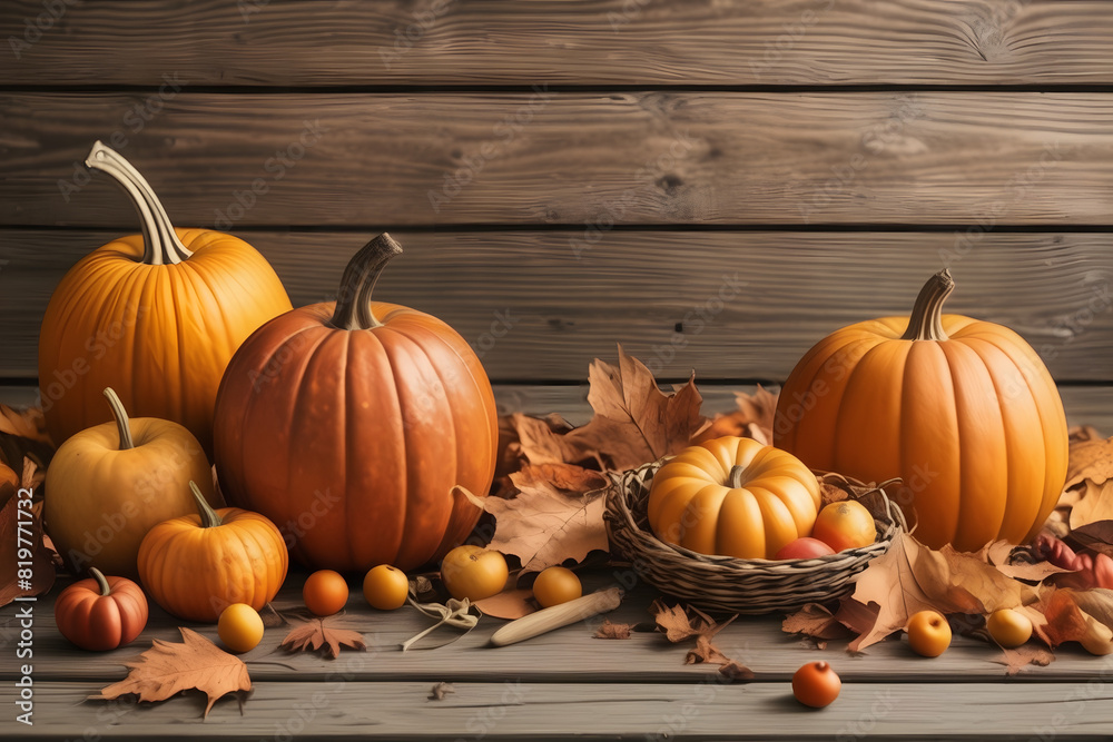Thanksgiving background: Apples, pumpkins, fallen leaves on wood. Room for text. Halloween, Thanksgiving, or seasonal backdrop. Thanksgiving background: Apples, pumpkins, fallen leaves on wood. Room for text. Halloween, Thanksgiving, or seasonal backdrop.