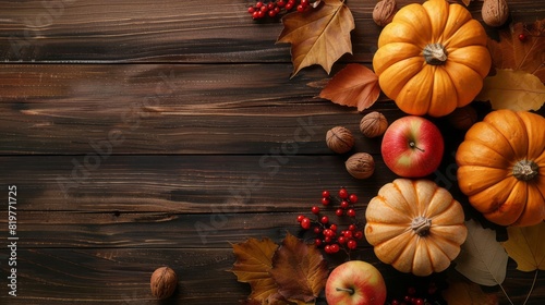 Thanksgiving Or Autumn Background With Pumpkins, Apples, Nuts, Berries And Fall Leaves On Wooden Table.