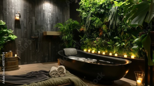 Luxurious Bathroom With Black Bathtub, Green Living Wall, And Candles.