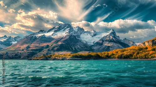 The Majestic Beauty Of A Mountain Lake In Patagonia, With Snow-Capped Peaks, Turquoise Waters, And A Vibrant Autumn Forest.