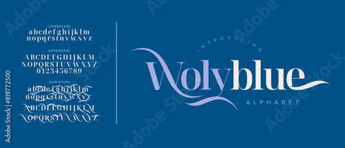 Wolyblue elegant font alphabet uppercase lowercase and number. Classic lettering minimal fashion designs. Typography modern serif fonts regular decorative vintage concept. Vector illustration