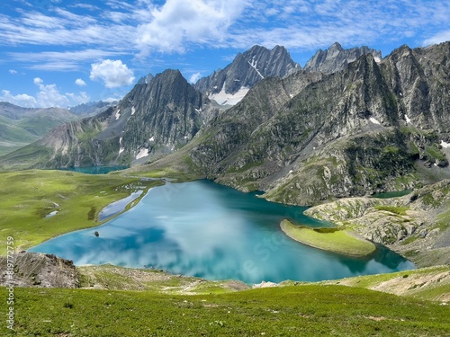 Beautiful landscape of Lake Krishansar with cliffs in the background in Jammu and Kashmir, India photo