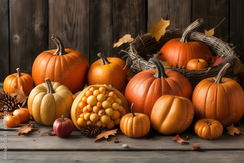 Thanksgiving background: Apples, pumpkins, fallen leaves on wood. Room for text. Halloween, Thanksgiving, or seasonal backdrop. Thanksgiving background: Apples, pumpkins, fallen leaves on wood. Room for text. Halloween, Thanksgiving, or seasonal backdrop.