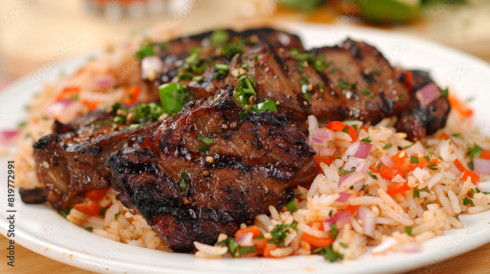 Fototapeta premium Savory grilled meat atop seasoned rice, adorned with fresh herbs and diced red onions, showcasing tanzanian flavors