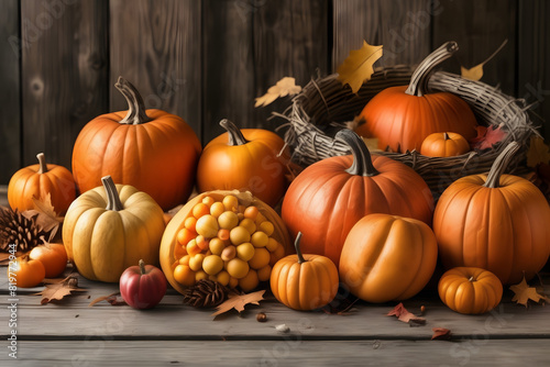 Thanksgiving background: Apples, pumpkins, fallen leaves on wood. Room for text. Halloween, Thanksgiving, or seasonal backdrop. photo