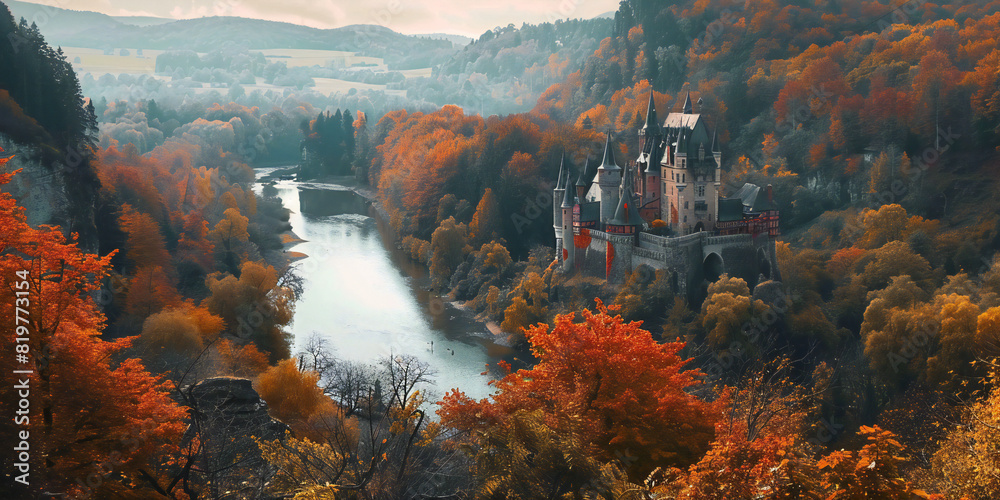 autumn in the mountains, Castle Overlooking Valley in Autumn An image of a castle overlooking a picturesque valley in autumn, with trees ablaze in shades of red, orange, and gold, and a tranquil 
