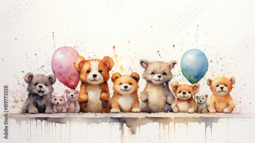 A cute watercolor depiction of a group of animals having a fun time together. The image features adorable, fluffy animals with balloons and a splash of colors, evoking a sense of joy and friendship.