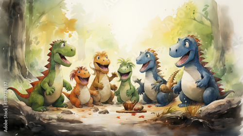 Fototapeta Naklejka Na Ścianę i Meble -  A cute watercolor depiction of a group of smiling dinosaurs having a picnic in a forest, friendly dinosaurs enjoying their time together in a whimsical, natural setting.