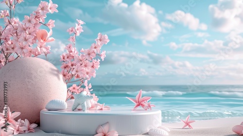 An illustration of a 3D rendered summer podium background with a 3D product display at a beach cosmetics sale.stage beauty sky shop water placement theme ad template mockup travel blue banner.