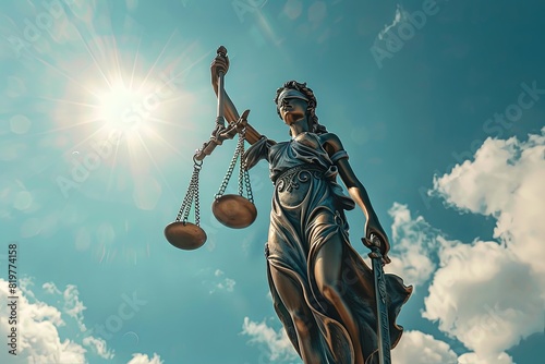 Lady Justice. Statue of Justice against the sky. Legal and legal concept.  photo