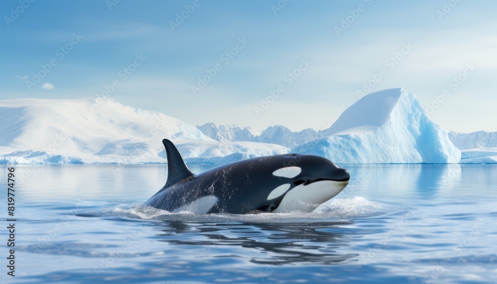 Fototapeta premium Groups of Orcas or killer whales swim and hunt for prey, the top of the food chain in a sea of ​​ice floes
