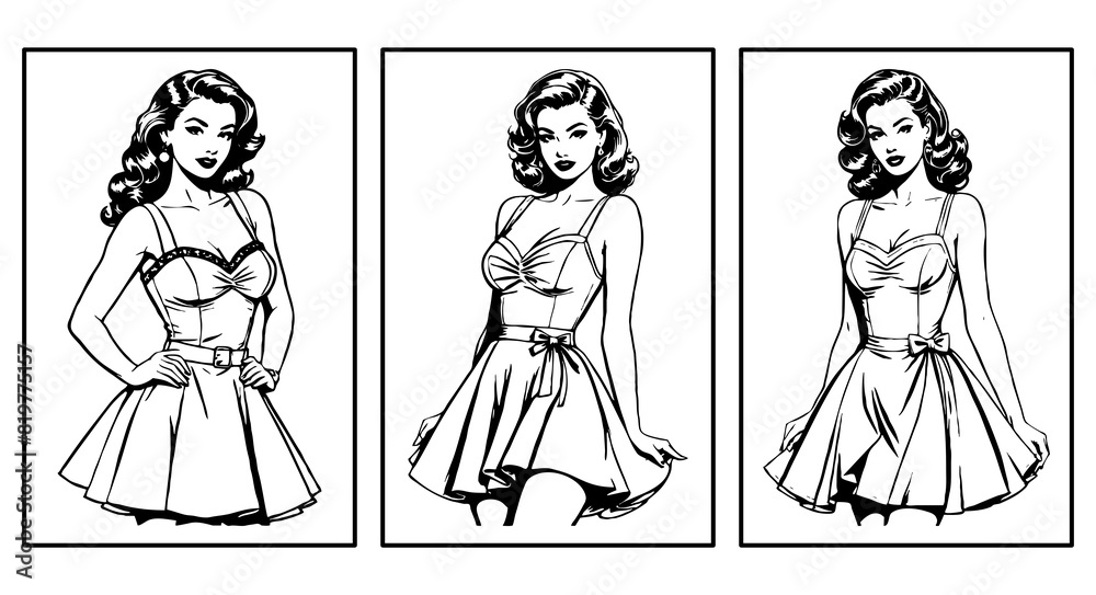 Fototapeta premium Set of 3 Black and white illustration. Fictional female character in the Pin Up style. Generated by Ai