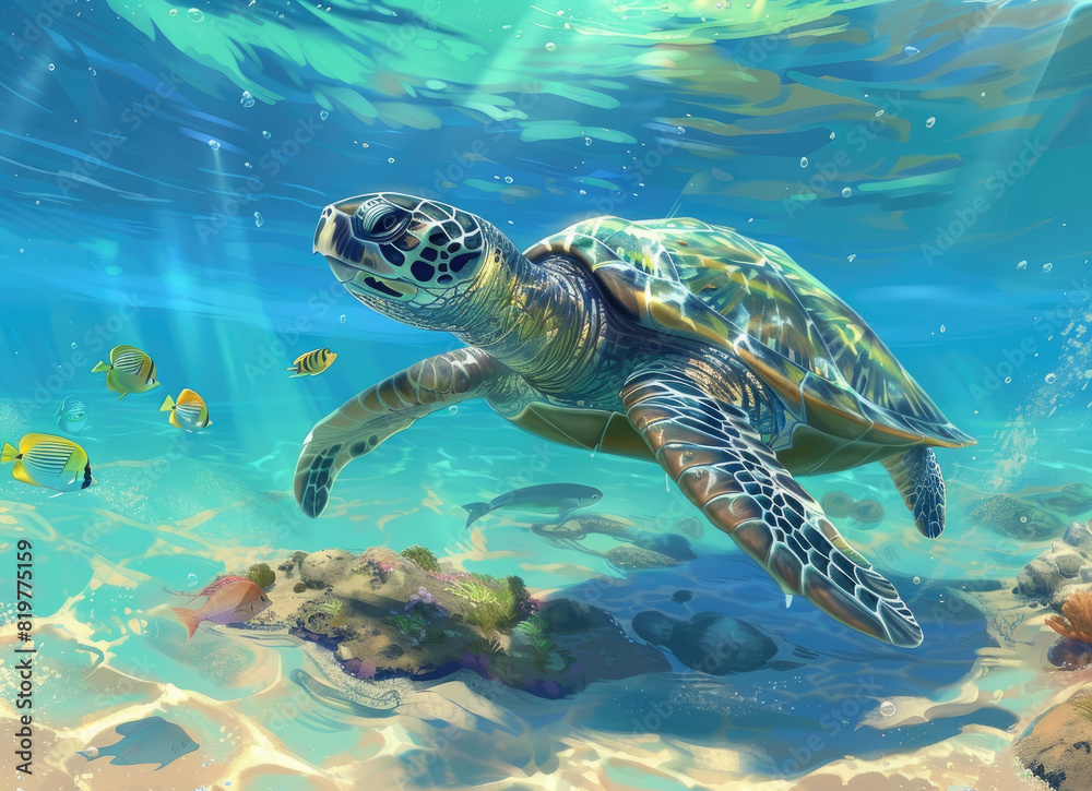 A sea turtle swimming near the ocean floor, surrounded colorful fish in clear blue water.