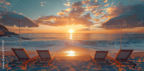 A beach sunset featuring eco-friendly, self-cleaning beach chairs and umbrellas made from recycled materials. Generative AI.