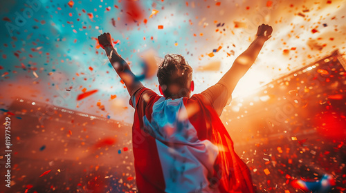 A French soccer fan celebrates passionately, arms raised amidst vibrant confetti. The dynamic scene captures the excitement and energy of the moment.