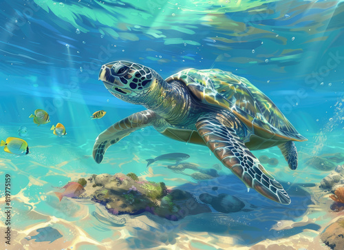 A sea turtle swimming near the ocean floor, surrounded colorful fish in clear blue water. © Kien