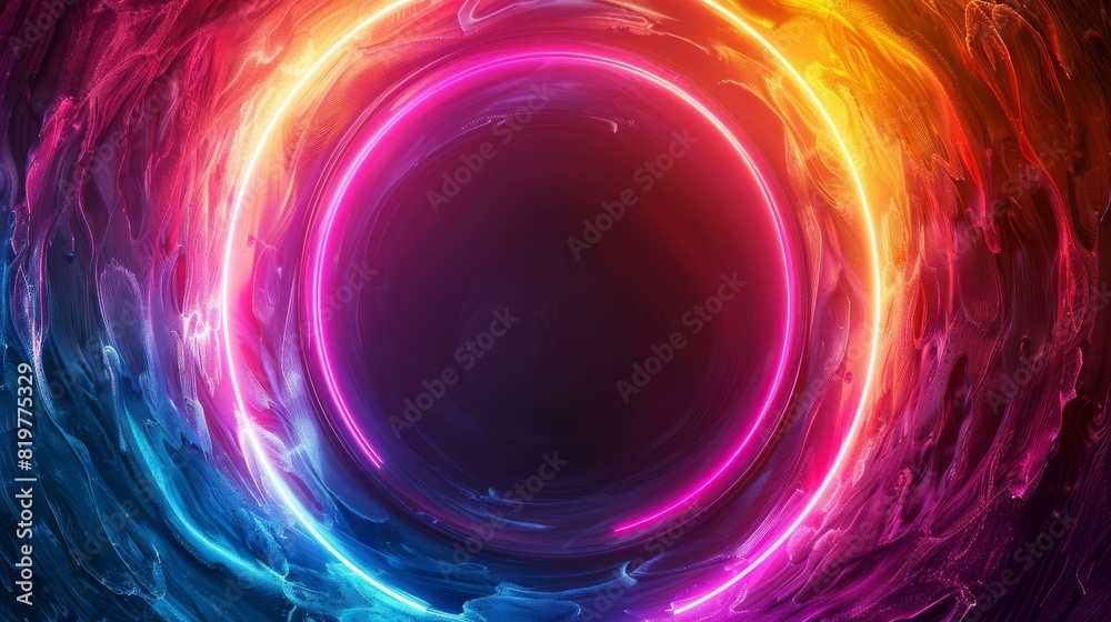 Neon abstract design with dynamic shapes and rainbow colors around the edges, central area left blank for text Neon abstract design with dynamic shapes and rainbow colors around the edges, central area left blank for text