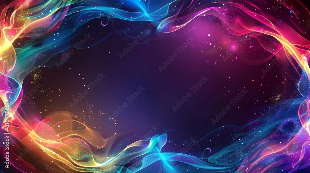 Fototapeta premium Neon abstract design with dynamic shapes and rainbow colors around the edges, central area left blank for text