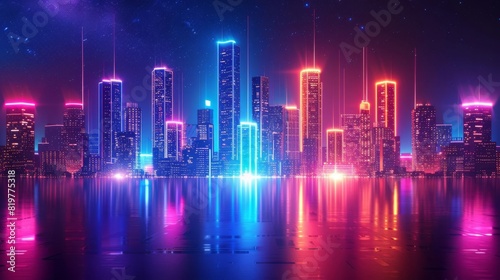 Neon cityscape with illuminated buildings and rainbow lights around the edges  central area left blank for text