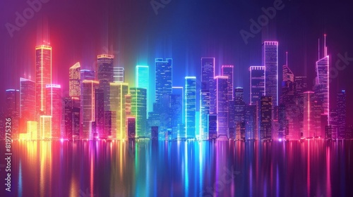 Neon cityscape with illuminated buildings and rainbow lights around the edges  central area left blank for text