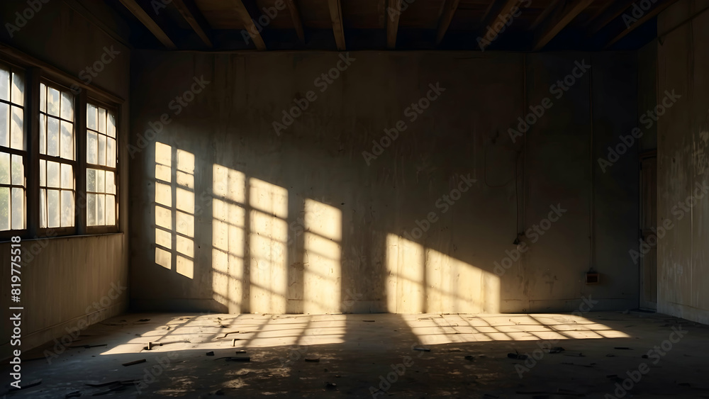 Sunlight streams through a window into an empty, abandoned room, highlighting both decay and hope Sunlight streams through a window into an empty, abandoned room, highlighting both decay and hope