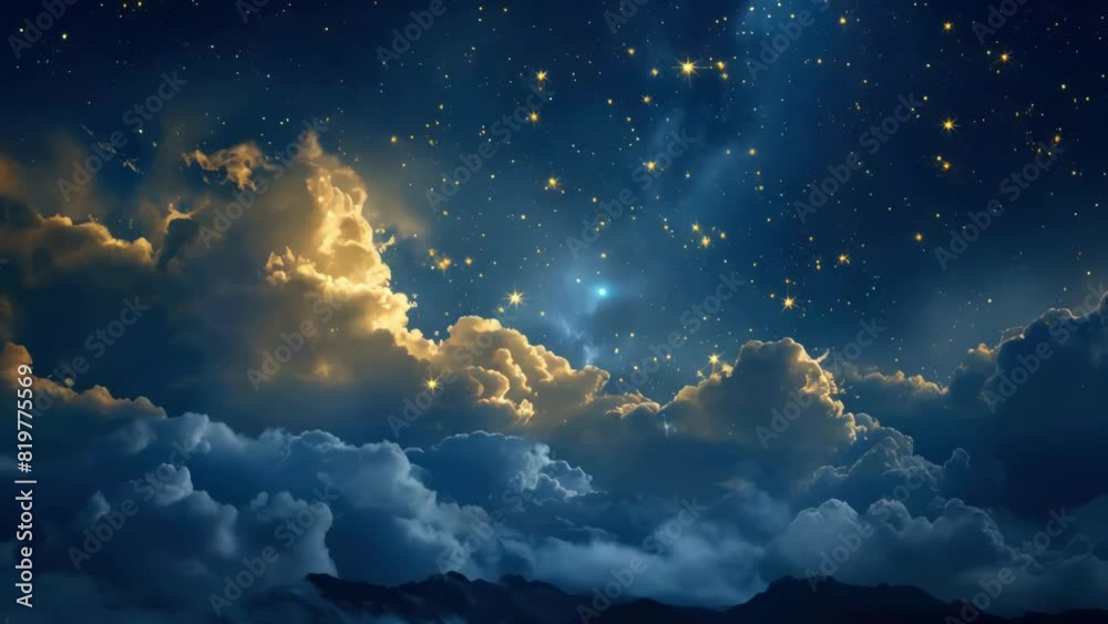 The sky is filled with clouds and stars, creating a serene and peaceful atmosphere. The stars are scattered throughout the sky, with some shining brighter than others. The clouds are fluffy and white The sky is filled with clouds and stars, creating a serene and peaceful atmosphere. The stars are scattered throughout the sky, with some shining brighter than others. The clouds are fluffy and white