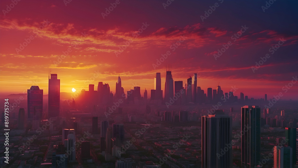 Fototapeta premium The sun sets in a warm glow behind a silhouette of skyscrapers, suggesting the close of a busy day in the city