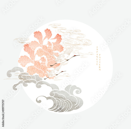 Crane birds iwth ocean sea and peony flower element vector in Japanese style. Logo and background in vintage style photo