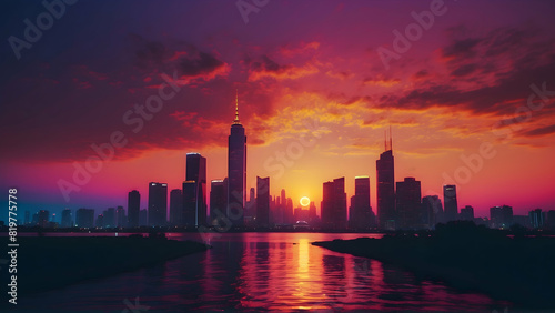 Breathtaking city skyline with silhouettes of skyscrapers against a dramatic purple and red sunset sky