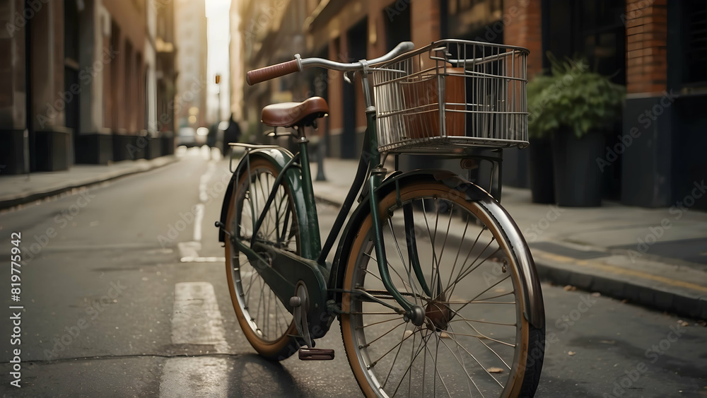 Vintage green bicycle with basket parked on an empty city street during daytime