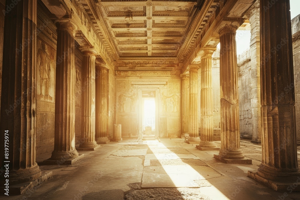 Fototapeta premium Ancient Greco-Roman hall interior with a circular stone podium surrounded by grand Corinthian columns. Beautiful simple AI generated image in 4K, unique.