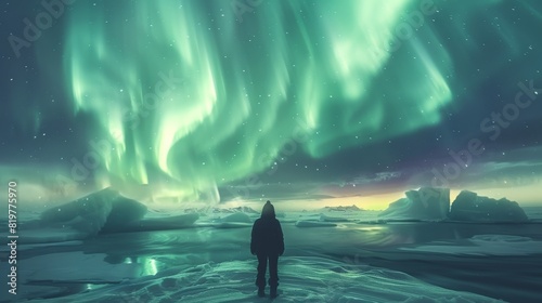 Rear view. A traveler experiencing the magic of the Northern Lights dancing across the sky. Generative AI.